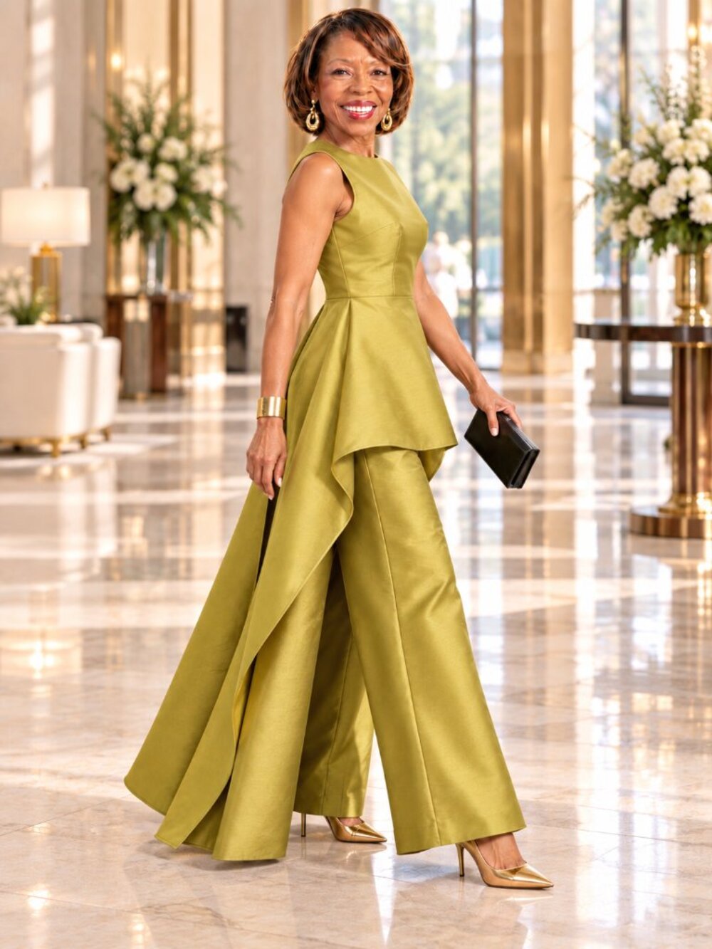 Golden Olive Layered Wide-Leg Formal Jumpsuit Size Large - Picture 3 of 11
